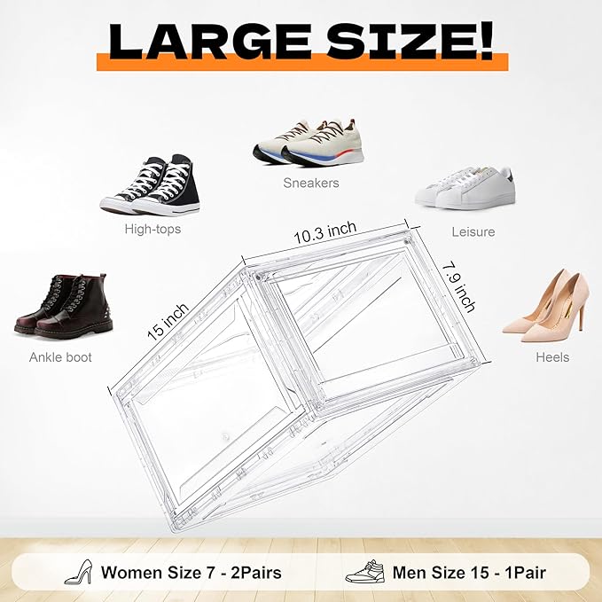 6 Pack Acrylic Shoe Boxes, Ultra Clear Shoe Boxes Stackable, Shoe Storage Box Sneaker Storage for Sneakerhead, Foldable Shoe Organizer with Magnetic Door, Professional Shoe Display Fits US Size 15