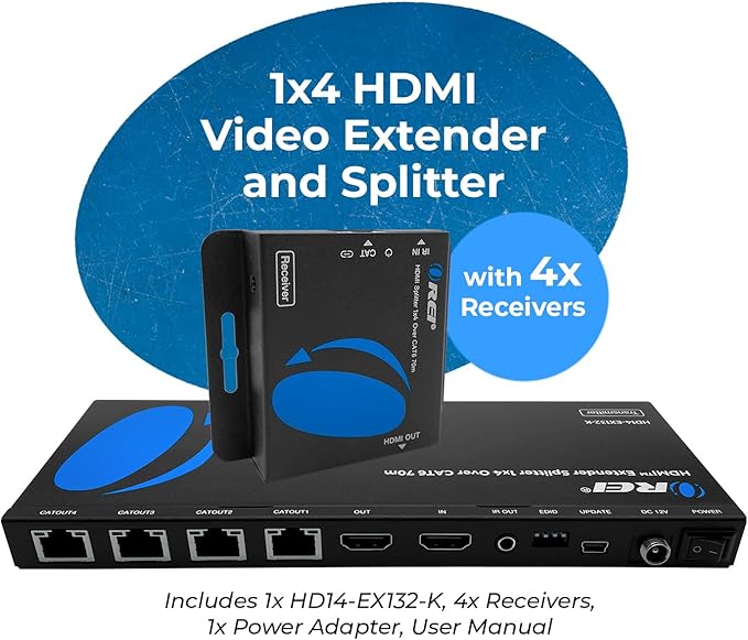 OREI 1x4 HDMI Extender Splitter Multiple Over Single Cable CAT6/7 1080P with IR Remote EDID Management - Up to 165 Ft - Loop Out - Low Latency - Full Support