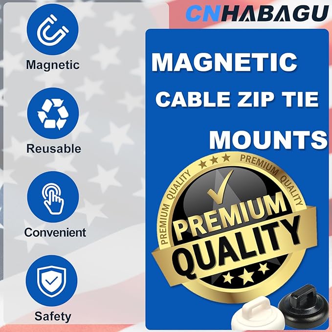 Magnetic Cable Zip Tie Mounts Clips Multipurpose Zip Ties Mount Base Holder Black Wire Cable Holder Mount Wire Clips Management for Home Office Marine Electrical Wiring (Black, 20 Piece)