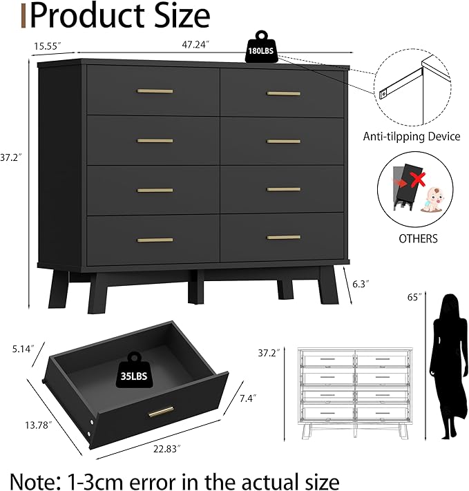 Dresser for Bedroom, 8 Drawer Wide Modern Chest of Drawers with X-Shaped Sturdy Base, Wood Double Dresser Closet Clothes Storage Organizer, Wooden TV Stand for Living Room, Hallway, Black