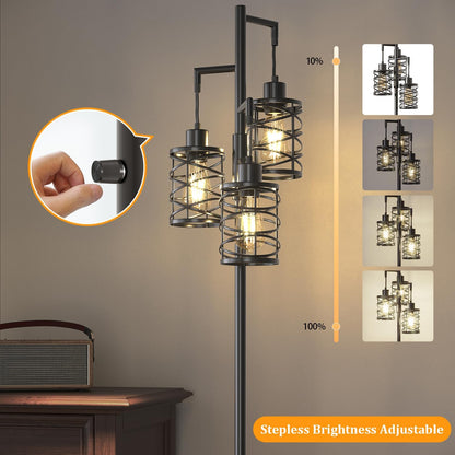 Oneach 70" Industrial Floor Lamp, Stepless Dimmable Standing Lamp with 3 Bulbs, Farmhouse Corner Standing Tree Lamp for Living Room, Tall Lamps for Bedroom, Office, Study Room, Dining Room, Black