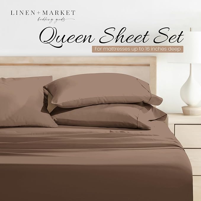 Linen Market Brushed Microfiber Queen Sheet Set 4 Piece – Oeko-TEX Certified Ultra Soft & Wrinkle-Free - 16" Deep Pocket Sheets - Easy Care Queen Size - Taupe