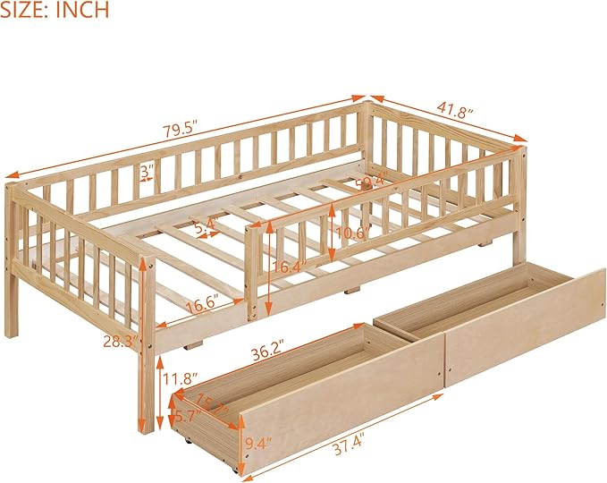 Bellemave Twin Bed Frames with Rails for Kids, Twin daybed Frame with Drawers for Boys/Girls/Adults， Natural