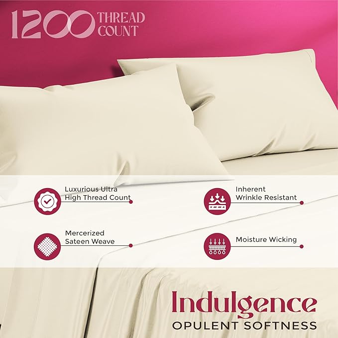 Mayfair Linen 100% Egyptian Cotton Bed Sheets - Luxury 1200 Thread Count Egyptian Cotton Sheets, Soft, Cooling, 17" Deep Pocket Sateen Weave Bedding - 4 PC, King Ivory
