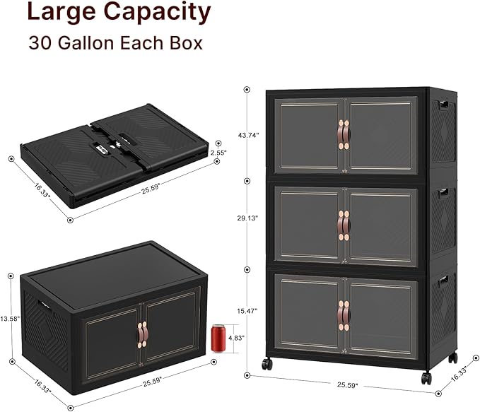 720Qt Stackable Storage Bins with Lids, 6 Pack Large Collapsible Bins with Wheels, Plastic Cabinet with Doors, Foldable Closet Organizers and Storage for Home, Dorm, Office, Black