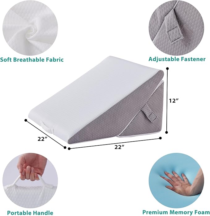 Bedluxe Wedge Pillow for Sleeping, Adjustable 9&12 Inch Foldable Bed Wedge Pillow Set, Orthopedic Memory Foam Triangle Pillows Wedge, 7-in-1 Elevated Pillows for Leg and Back Support, White/Grey