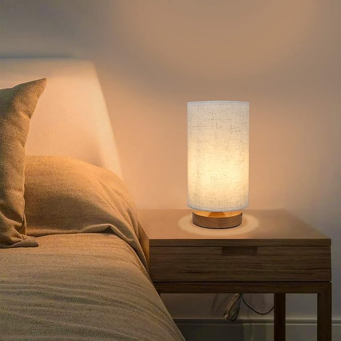 Minimalist Dimmable Nightstand Lamp with Round Fabric Linen Shade, 3 Color Temperatures, Desk & Bedside Lamp for Study, Living Room, Bedroom, Office, Dorm