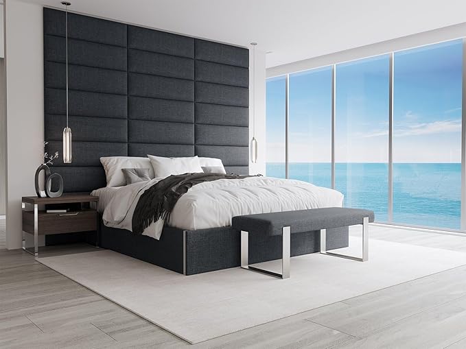 VANT Upholstered Bed Bench - Weave Blue Denim - Matte Black - Contemporary Modern, Bedroom Bench Seat, Hallway, or Entryway