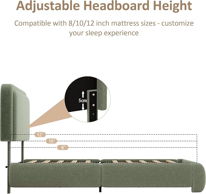 King Size Platform Bed Frame with Headboard, Boucle Upholstered Desige, Anti-Collision Corners, Soft Rounded Corners, No Box Spring Required, Easy Assembly, Noise Free