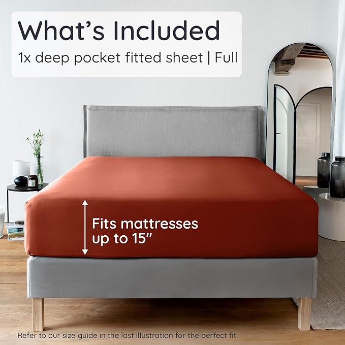 Bambaw 100% Viscose Derived from Bamboo Full Fitted Sheet Size, 15’’ Deep Pocket Full Fitted Sheets Only with Corner Straps, Cooling & Breathable (Terracotta)