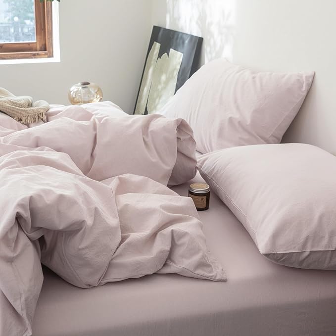 FOSSA Duvet Cover Set 100% Washed Cotton Linen Feel Super Soft Breathable Cozy 3 Pieces Bedding Sets Solid Greyish Pink Oversized King