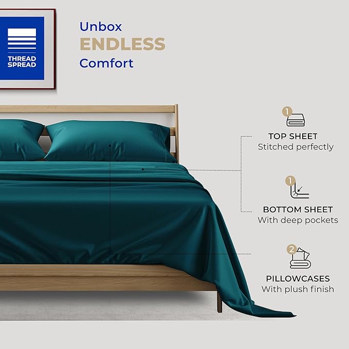 THREAD SPREAD Full Size Sheets Cotton - 400 Thread Count 4 PC 100% Cotton Full Size Sheet Sets, 16” Deep Pocket Full Size Sheets Set, Ultra Soft, Cooling Full Sheet Set, Luxury Hotel Sheets (Teal)