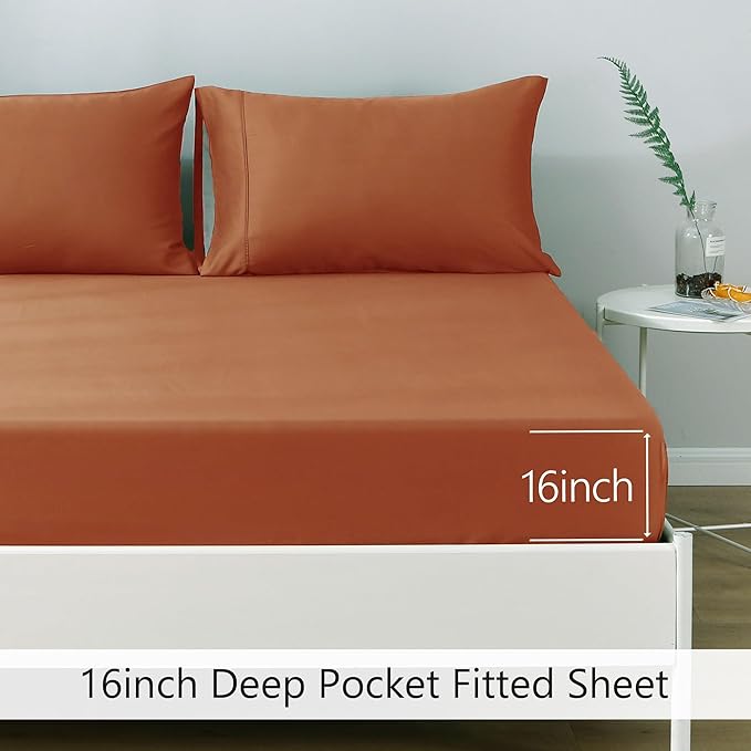 Linen World Queen Size 400TC Cooling Bed Sheet Set - 100% Organically Grown Viscose Sheets, Silky Soft & Breathable, Deep Pocket Fits Up to 16", 4-Piece Sheets with Pillowcases,Caremel