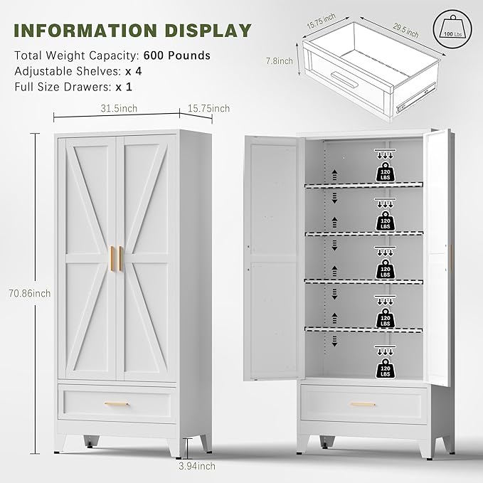 COFaR Metal Storage Cabinet, Farmhouse Storage Cabinet with 2 Doors and 4 Adjustable Shelves - 71" White Kitchen Pantry Storage 5-Tier Tall Steel Cabinets Locker for Kitchen, Living Room, Dining Room