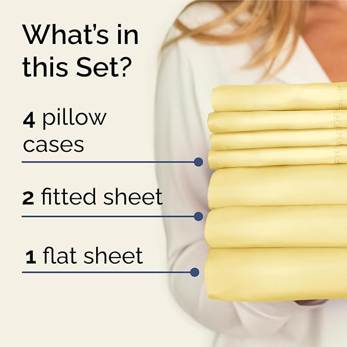 Split King 7 Piece Sheet Set - Cooling & Breathable - Hotel Luxury Bedding, Includes Fitted Sheets for Women, Men, Kids and Teens - 1 Flat, 2 Fitted Sheets, 4 Pillowcases with Deep Pockets - Yellow