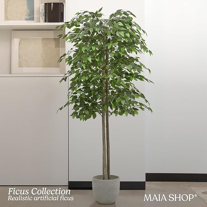 Maia Shop 71in Artificial Ficus Tree Plant for House, Apartment or Office – Realistic Fake Indoor Plants for Living Room, Kitchen, Bedroom, Entryway or Bathroom – Faux Greenery for Home Décor