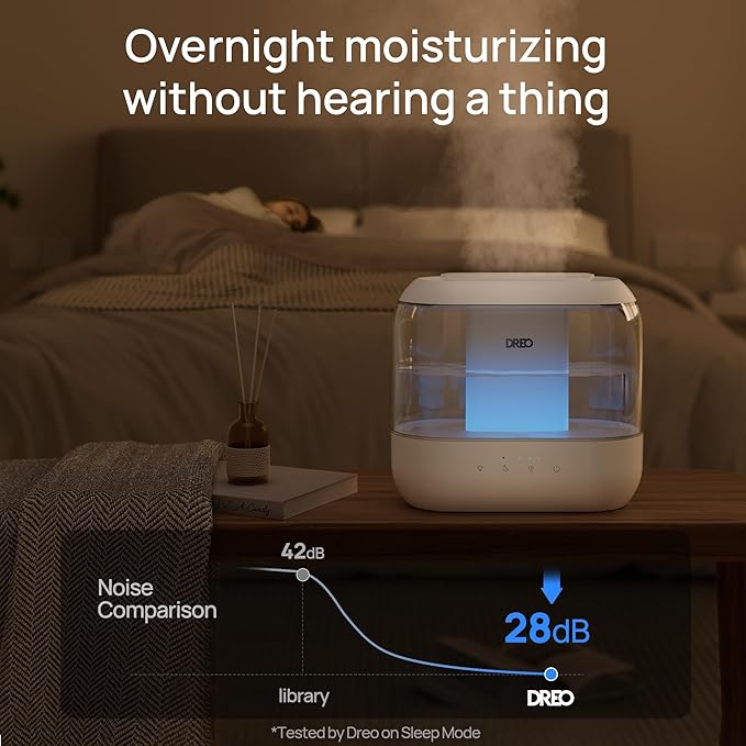 Dreo Humidifiers for Bedroom, 4L Top Fill for Large Room, 36H Runtime, 28 dB Quiet Supersized Cool Mist Air Humidifier for Baby Nursery, Plants, Indoor, Night Light, Easy to Clean & Fill, White