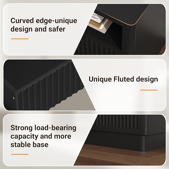 ELYKEN Black Fluted Nightstand with Charging Station & LED Light, 24" Wide Wood Night Stand for Bedroom, 2 Drawer Bedside Table with USB & Type-C Port for Bedroom