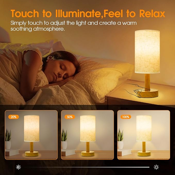 Small Cordless Touch Bedside Table Lamps Set of 2,Minimalist Dimmable Battery-Powered Desk Lamps with Round Fabric Linen Shade,Mini Nightstand Warm Night Lights for Bedroom,Home,Living Room,Office