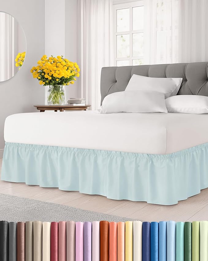 Wrap Around Dust Ruffle Bed Skirt - Ice Blue - for Full Size Beds w/ 15 Inch Drop - Easy Fit Elastic Strap - Adjustable Pleated Bedskirt w/Brushed Fabric - Wrinkle Free - for Women, Men, Kids & Teens
