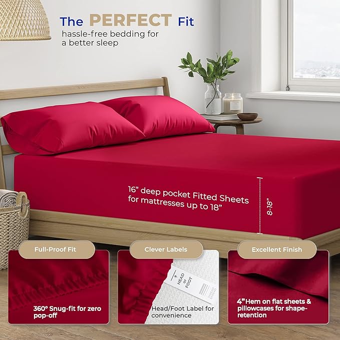 THREAD SPREAD 400 Thread Count King Cotton Sheets - 4 PC King Size Bed Sheet Set Cotton (Cherry Red), Soft, Cooling, Hotel-Quality 16" Deep Pocket Sateen Bedsheet for Hot Sleepers (Fits 18" Mattress)
