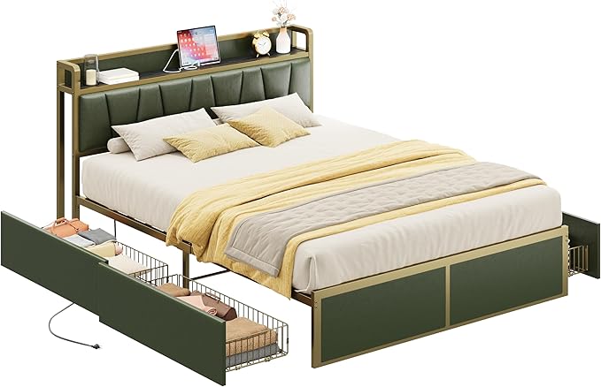 LIKIMIO Queen Bed Frame with 4 Storage Drawers, Platform Bed with Charged Headboard, Sturdy and Stable, No Noise, No Box Spring Needed, Easy to Install, Dark Green
