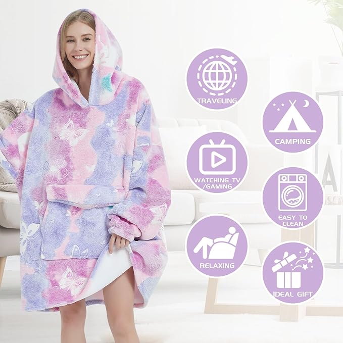 Glow in The Dark Butterfly Wearable Blanket Hoodie for Adult,Oversized Sherpa Fleece Blanket Hoodie for Women,Butterfly