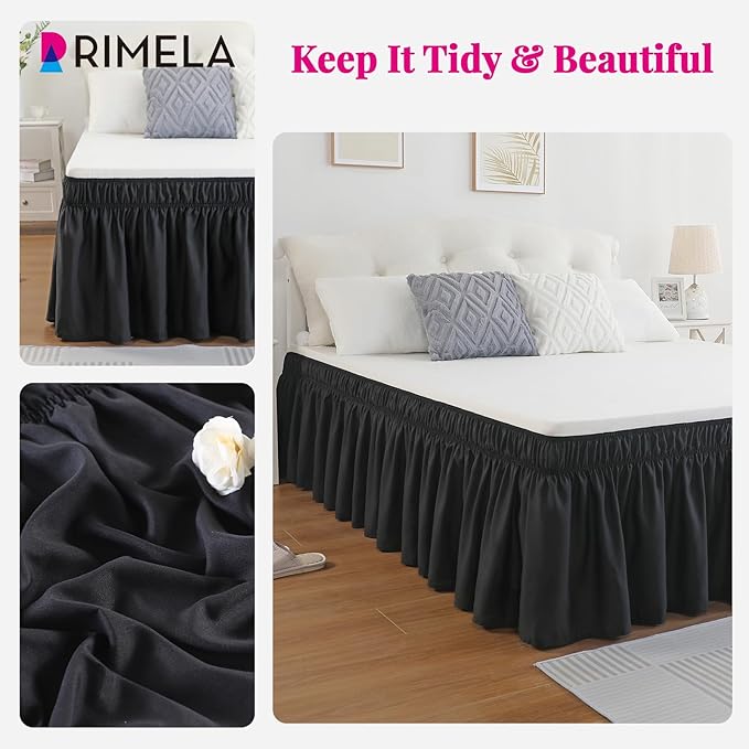 RIMELA Bed Skirt Wrap Around Elastic Dust Ruffles Solid Color Wrinkle and Fade Resistant with Adjustable Elastic Belt Easy to Install Black for Queen Size 18 Inch Drop