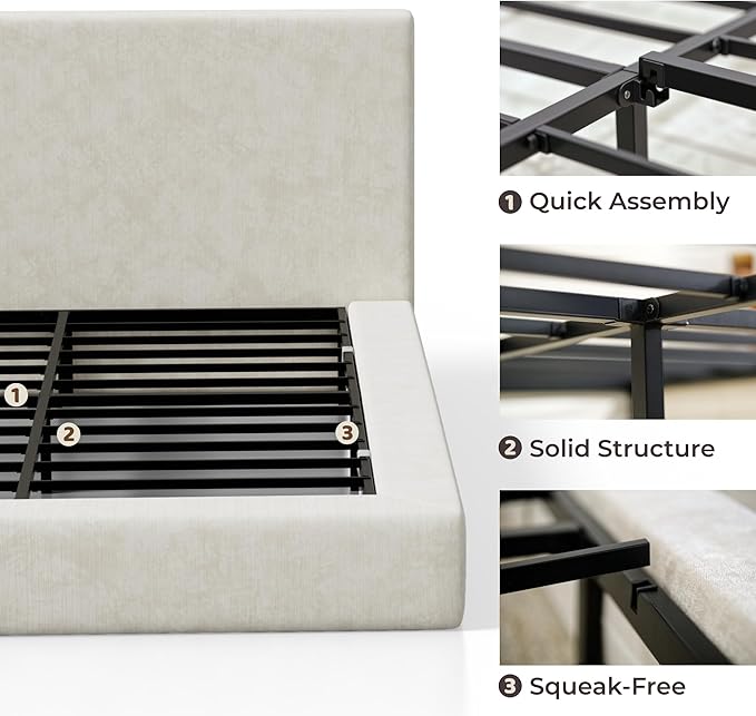 RECCI Cloud Upholstered Queen Bed Frame with Headboard, 5 Inch Foam Padded Platform, No Box Spring, Easy Assembly(Cream)