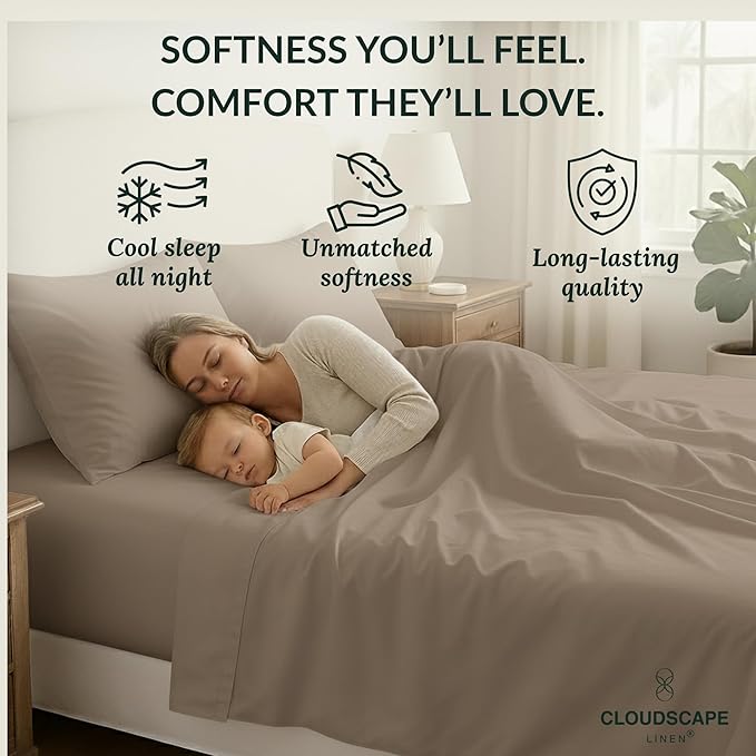 Cloud Scape Linen 100% Egyptian Cotton California King Sheet Set, 400 Thread Count,4 Pieces Luxury Bedding Set, Hotel Quality, Silky Soft, Breathable and Durable, Deep Pockets up to 17, Taupe