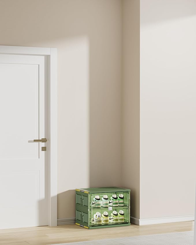Portable Shoe Storage Cabinent of 3-Step Fast Installation,Green Foldable Shoe Organizer Box with Magnetic Clear Door for Entryway, Enclosed Shoe Rack for Sneaker, Heels etc.. (Green, 1Row 2Tier)