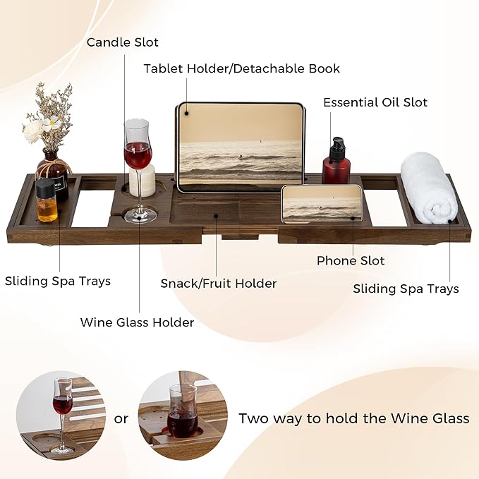 Teak Bathtub Tray - Luxury Bath Tray with Expandable Handles, Wine Glass and Phone Holders, Book Stand - Perfect for Home Spa Relaxation and Reading - Natural Bath Accessories - Dark Walnut Color
