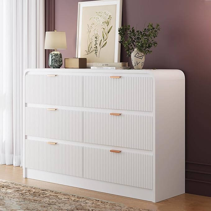 FURSUN Fluted 6 Drawers Dresser for Bedroom, 54" Wide Wooden Dresser with Metal Handle, Curved Profile Design, Modern Storage Organizer for Bedroom, Living Room, Hallway, White