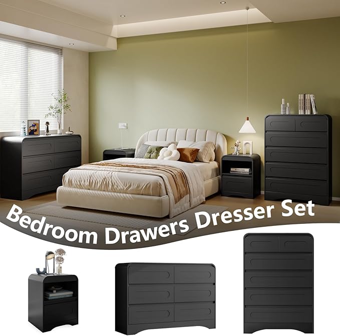 3 Piece Bedroom Set, Dresser and Nightstand Sets for Bedroom, Wood 6 Drawer Dresser & Night Stand Set of 2, Tall Chest of Drawers Modern Storage Cabinet Bedroom Furniture Set, Black