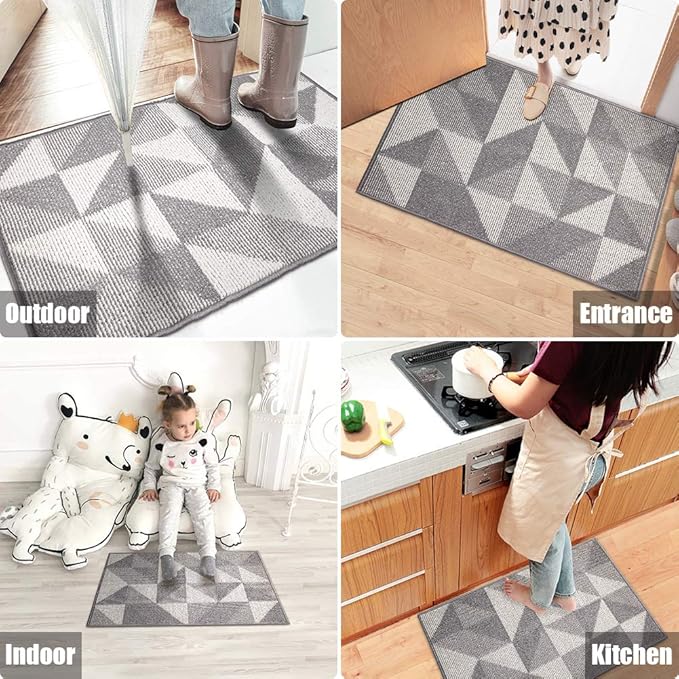 Indoor Doormat 24"x 36", Absorbent Front Back Door Mat, Rubber Backing Non Slip Floor Mats Inside Mud Dirt Trapper Outside Entrance Front Door Rug Carpet, Machine Washable Low Profile - Grey Geome