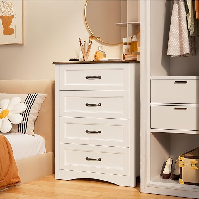 Gizoon Dresser for Bedroom with 4 Drawers Wooden Chest of Drawers for Closet Dresser Storage Unit Organizer for Hallway Living Room and Office, White and Rustic