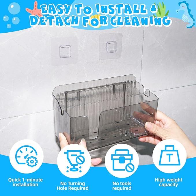 2-Pack Clear Bath Toy Storage Holder Organizer, Large Capacity Durable Plastic Bathtub Shower Caddy with Drain Holes, Quick-Dry Drainable Easy Install(Transparent Gray 2-Pack)