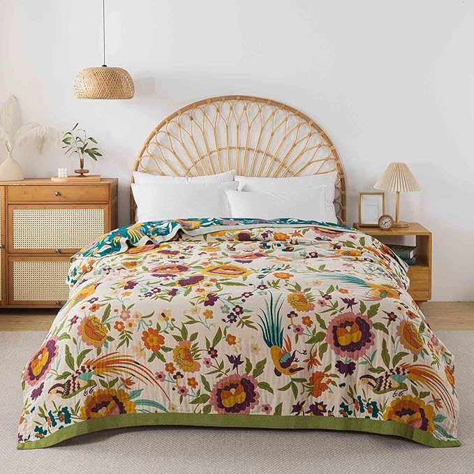 Qidordour Boho Throw Blanket, 80"x90" Muslin Blankets, 100% Organic Cotton Blanket for Couch Sofa, Lightweight Quilt, All Season Bed Throw, Farmhouse Home Decor, C-Phoenix Floral