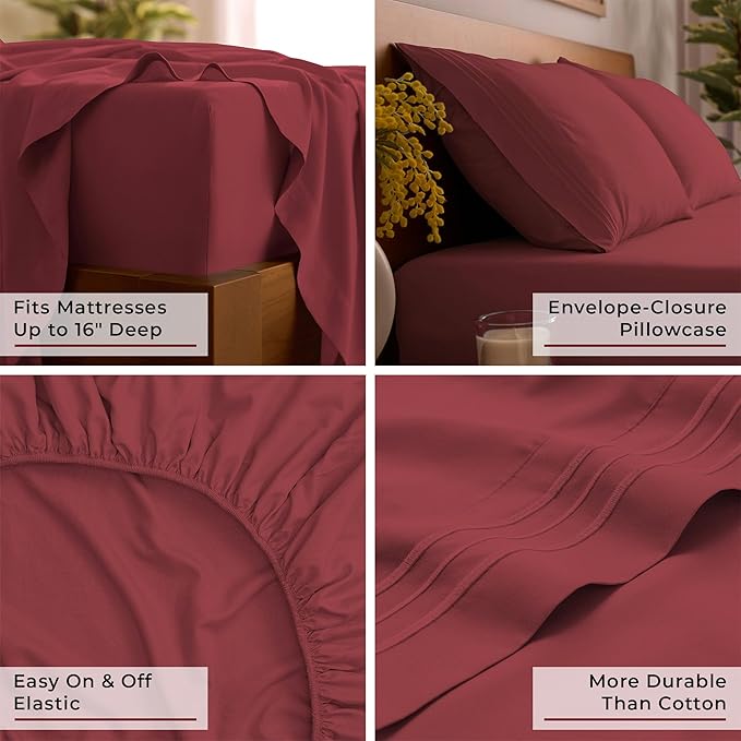 Mellanni Queen Sheet Set - 6-Piece Iconic Collection Bedding, (Including 4 Pillowcases), 16-Inch Deep Pocket, Easy Care, Extra Soft, Cooling Sheets, Brushed Microfiber - Brick Red