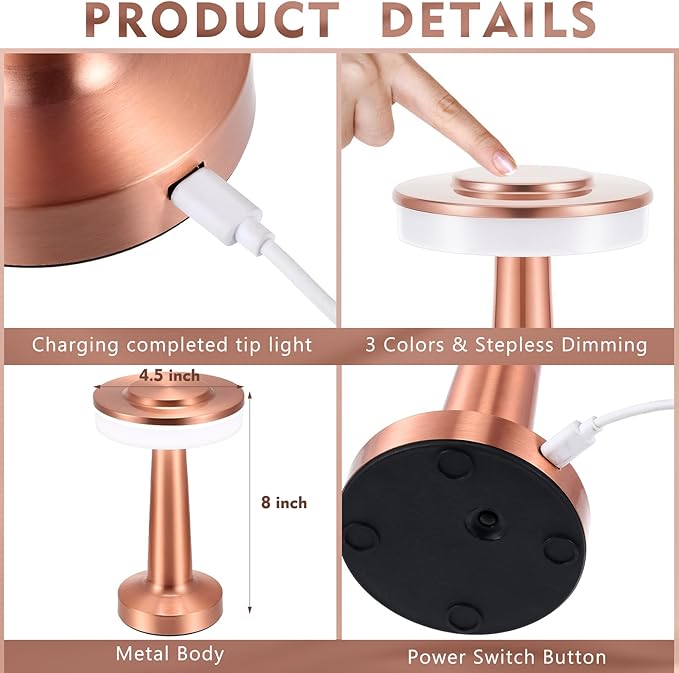 VIHOSE Cordless Table Lamps LED Portable Rechargeable Table Lamp with Touch Sensor 3 Color Dimming up to 15 Hours Battery Desk Light for Restaurant Nursery Living Room(Rose Gold,8 Pcs)