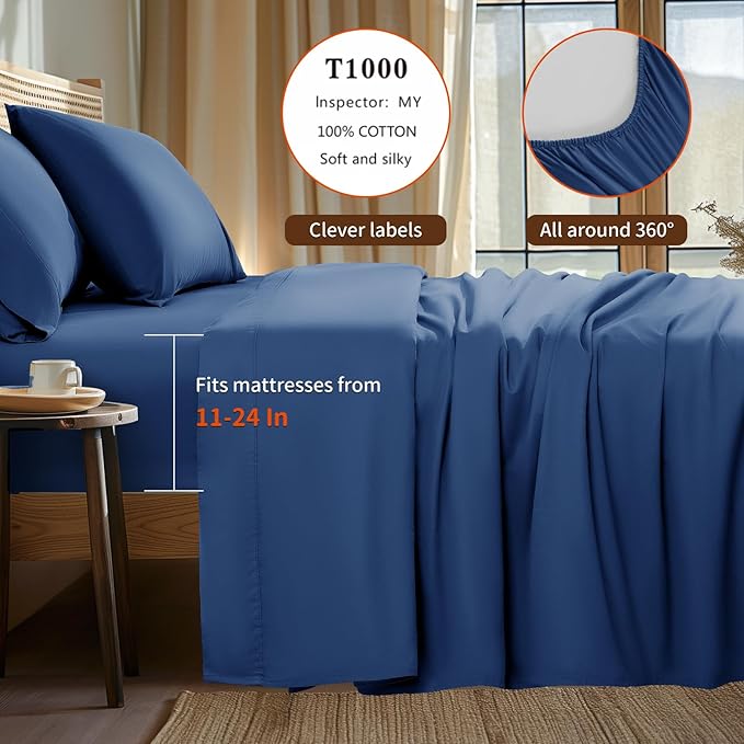 LBRO2M 100% Cotton Sheets Set Deep Pocket 24", 1000 Thread Count California King Size 4 Piece Bed Sheet Sets Soft Comfortable Bedding All Season (California King, Navy Blue)
