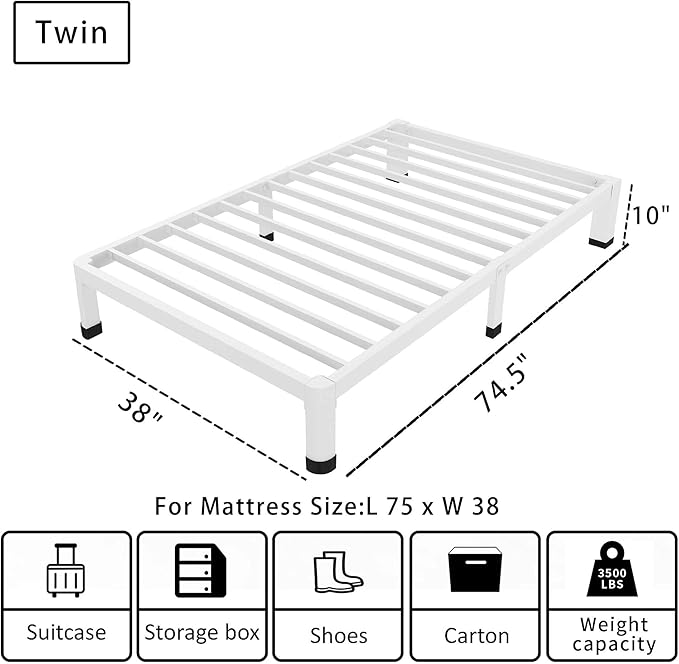 ROIL 10 Inch White Twin Bed Frame with Rounded Corner and Mattress Retainers, 3500LBS Heavy Duty Steel Slats No Box Spring Needed Platform Noise-Free Easy Assembly