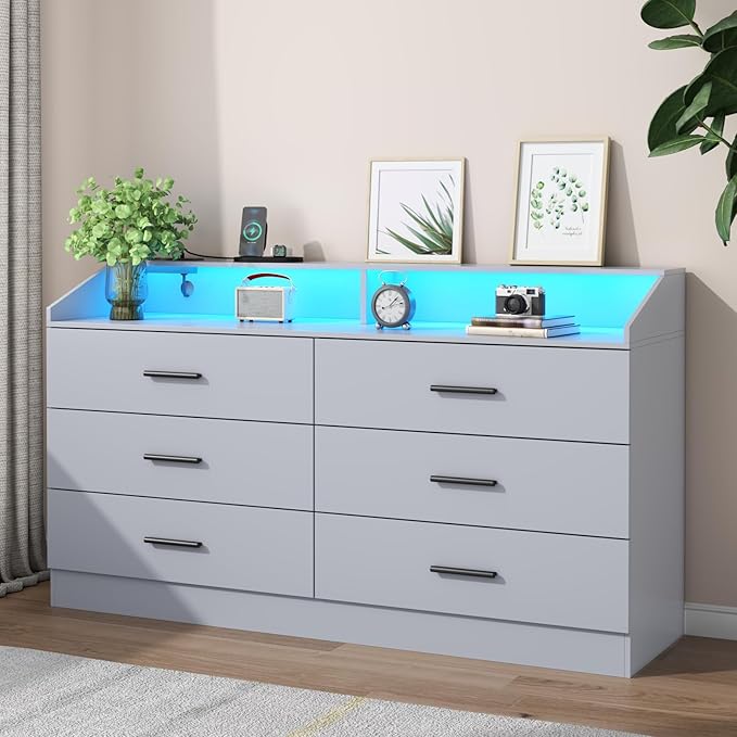 6 Drawer Dresser with Power Outlet, Chest of Drawer with LED Light, Modern Dresser with Open Storage Cubby, Double Wide Dressers Organizer for Bedroom, Living Room, Entryway, Hallway (Grey, 6 Drawers)