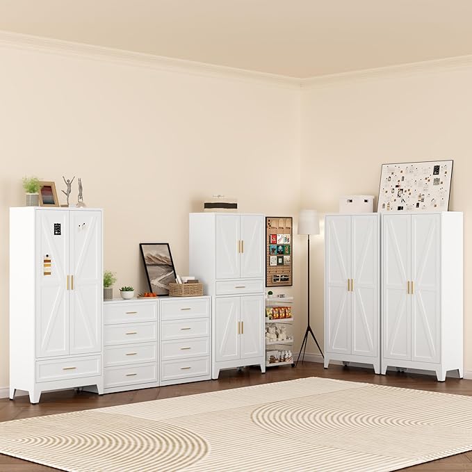 COFaR Metal Storage Cabinet, Farmhouse Storage Cabinet with 2 Doors and 4 Adjustable Shelves - 71" White Kitchen Pantry Storage 5-Tier Tall Steel Cabinets Locker for Kitchen, Living Room, Dining Room