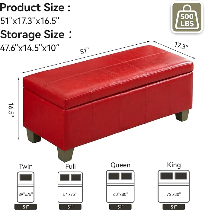 51" Faux Leather Storage Ottoman, Stitch Tufted Rectangle Upholstered End of Bed Storage Bench, Entryway Large Couch Ottoman with Wooden Legs,Red