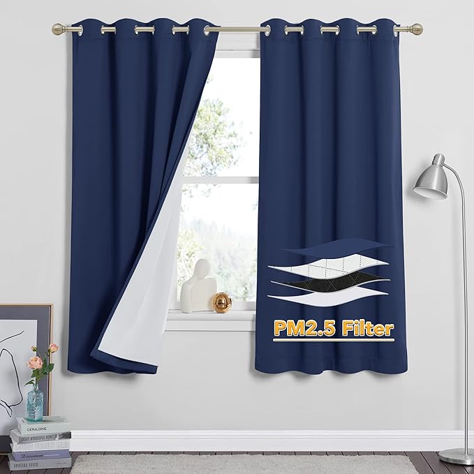 RYB HOME Particle Filtering Curtains Total Blackout Noise Reducing Window Treatment Dust Filter Thermal Insulated Drapes for Studio Laundry Room Furance, Navy Blue, W52 x L63 inch, 2 Panel