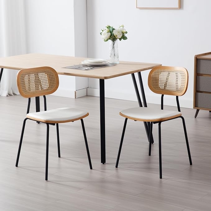 HEAH-YO Dining Chairs Set of 2, Upholstered Faux Leather Rattan Dining Chairs with Backrest and Metal Legs, Armless Kitchen Rattan Chairs for Dining Room, White