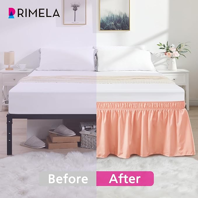 RIMELA Peachy Coral Bed Skirt King Size 15 Inch Drop, Wrap Around Elastic Bedskirt, Dust Ruffle for Adjustable Bed Base Machine Washable Easy to Install Bed Skirts