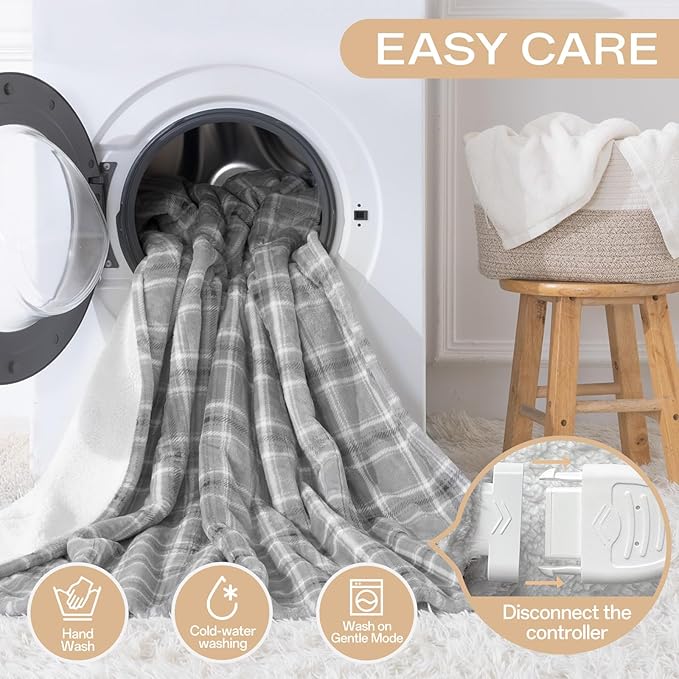 Heated Blanket Electric Twin, Heating Blanket with 8 Fast Heating Levels & 10 Hours Auto Shut-Off, Grey White Plaid Washable Warm Soft Flannel Blanket Gift for Couch Bed Office, ETL Certified