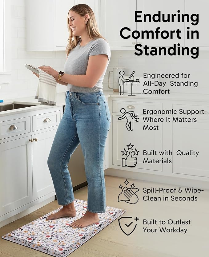 Ophanie Kitchen Mats for Floor, 3/4 inch Thick, 17x28 Anti Fatigue Cushioned Mat, Kitchen Rugs, Waterproof, Comfort Ergonomic Standing Mat for Office, Home, Sink, White Flower Non-Slip Ridged Bottom